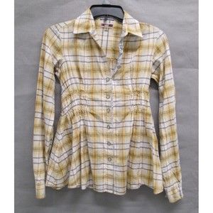 Free People Shirt 0 Yellow Button Down Plaid Elastic Waist Long Sleeves Flowy